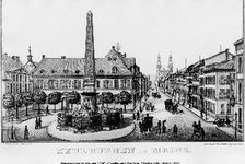 Bildergalerie Neubrunnen Blick vom Neubrunnenplatz die Große Bleiche hinab auf St. Peter um 1880 1724 bis 1726 schuf Johannes Weydt, seines Zeichens Hofwerk- und Stadtbaumeister unter Kurfürst Lothar Franz von Schönborn, einen prunkvollen Laufbrunnen, der dem Platz seinen Namen gab. Der Brunnen lieferte das Trinkwasser für das neu errichtete Bleichenviertel. Das Quellwasser wurde aus Bretzenheim hergeleitet. Die Rohre aus Blei waren die erste Wasserleitung der Stadt seit römischer Zeit.