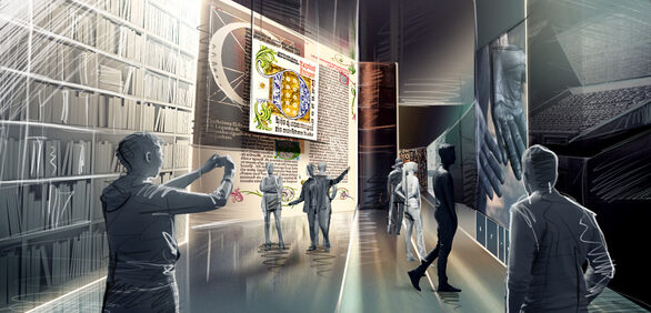 Eine immersive Auftaktinszenierung versetzt die Besuchenden in das mittelalterliche Mainz um 1450.