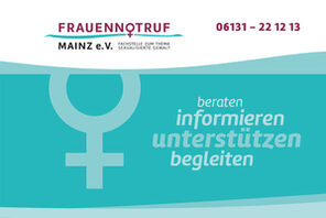 Flyer des Frauenotrufs in türkis mit Logo © Frauennotruf Mainz e.V.